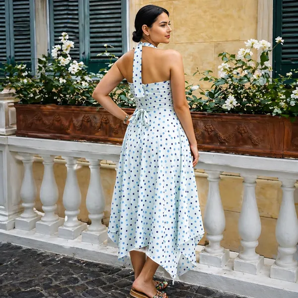 White_Cotton_Polka_Dot_Asymmetrical_Tie-Up_Dress_For_Women