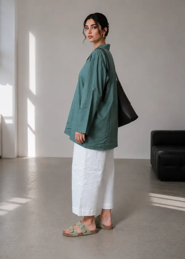 Green_Cotton_Relaxed_Bell_Sleeve_Collared_Shirt_Dress_For_Women