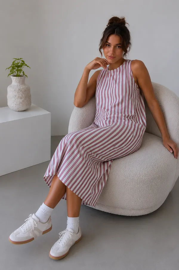 Pink_White_Cotton_Striped_Sleeveless_A-Line_Midi_Dress_For_Women