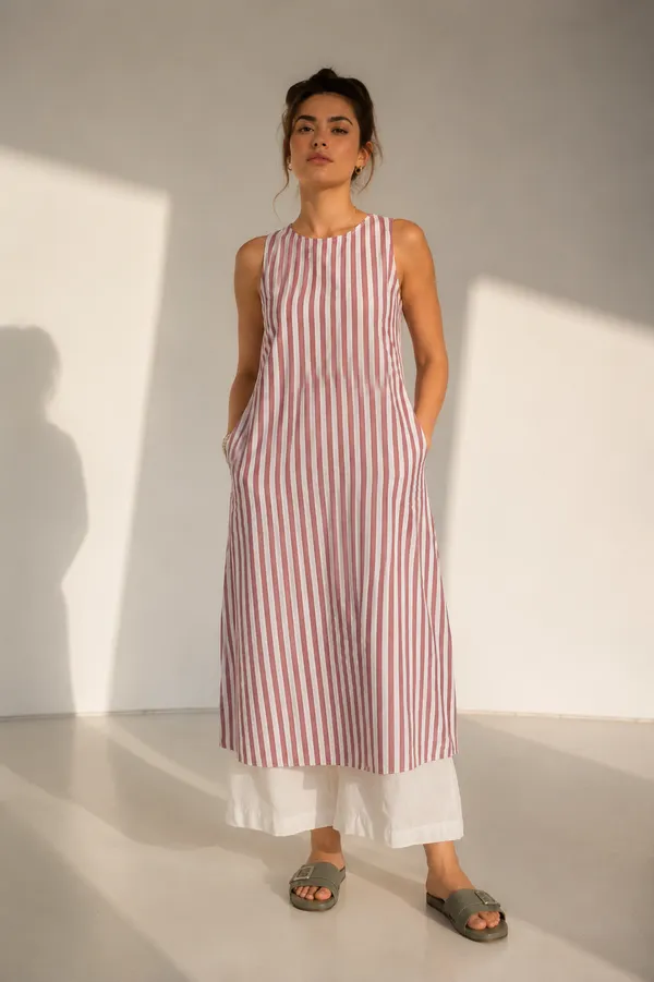 Pink_White_Cotton_Striped_Sleeveless_A-Line_Midi_Dress_For_Women