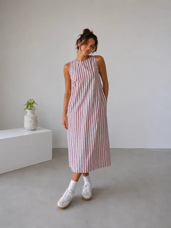 Pink_White_Cotton_Striped_Sleeveless_A-Line_Midi_Dress_For_Women