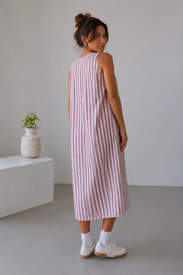 Pink_White_Cotton_Striped_Sleeveless_A-Line_Midi_Dress_For_Women