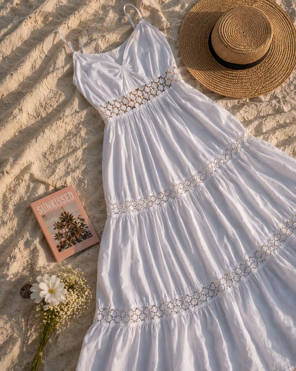 White_Cotton_Lace_Detail_Flowy_Midi_Beach_Dress_For_Women