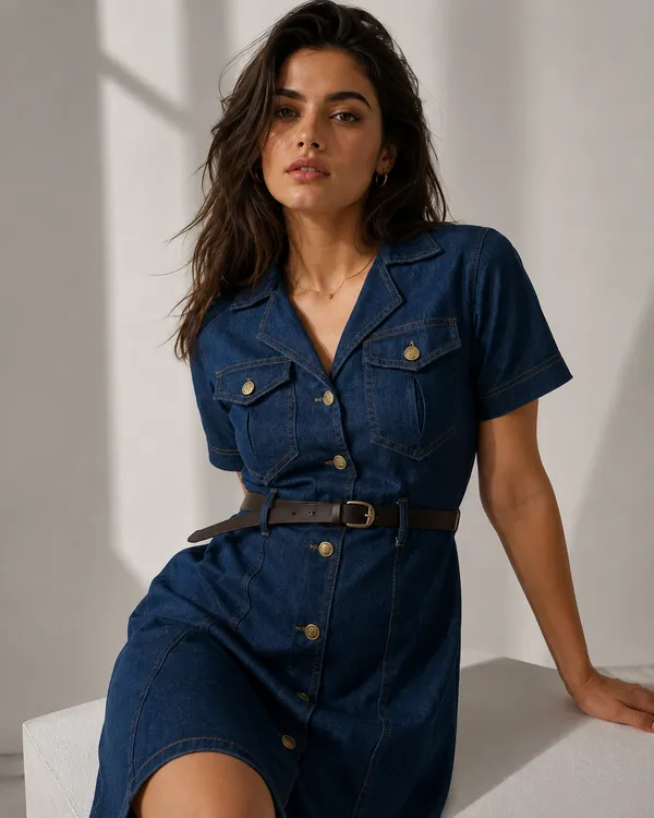 Blue_Denim_Medium_Wash_Belted_Midi_Shirt_Dress_For_Women