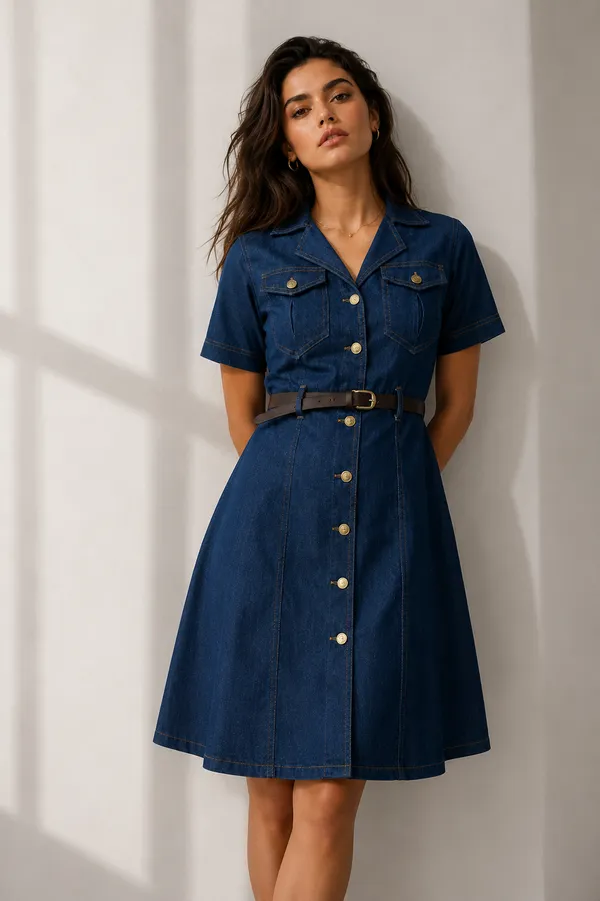 Blue_Denim_Medium_Wash_Belted_Midi_Shirt_Dress_For_Women