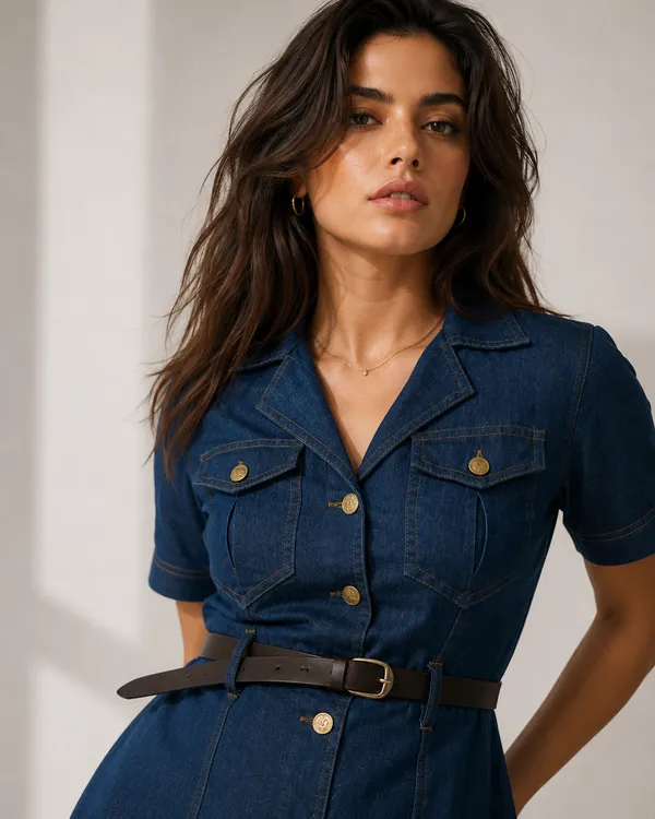 Blue_Denim_Medium_Wash_Belted_Midi_Shirt_Dress_For_Women