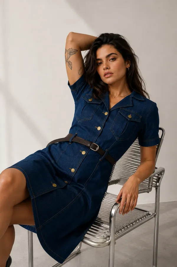 Blue_Denim_Medium_Wash_Belted_Midi_Shirt_Dress_For_Women