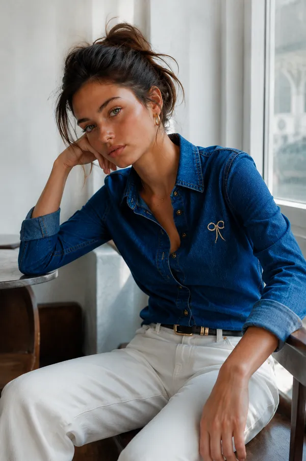 Blue_Denim_Relaxed_Bow_Embroidered_Button-Down_Shirt_For_Women