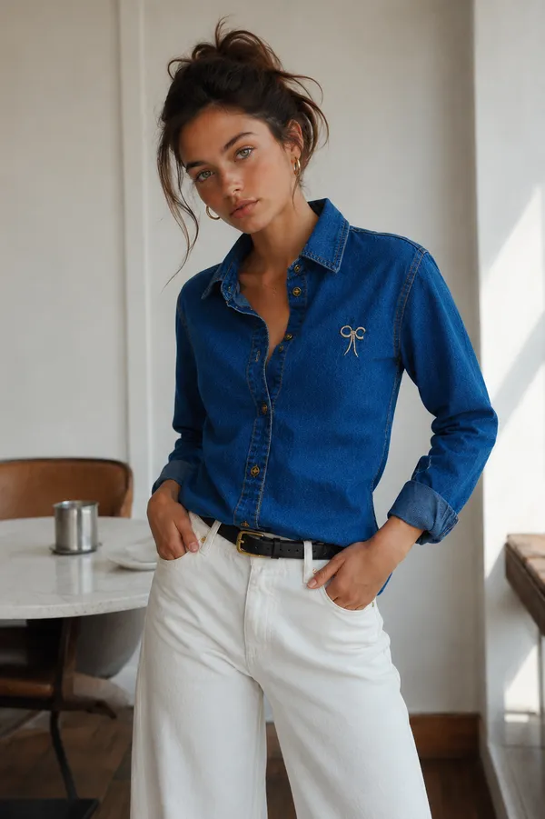 Blue_Denim_Relaxed_Bow_Embroidered_Button-Down_Shirt_For_Women