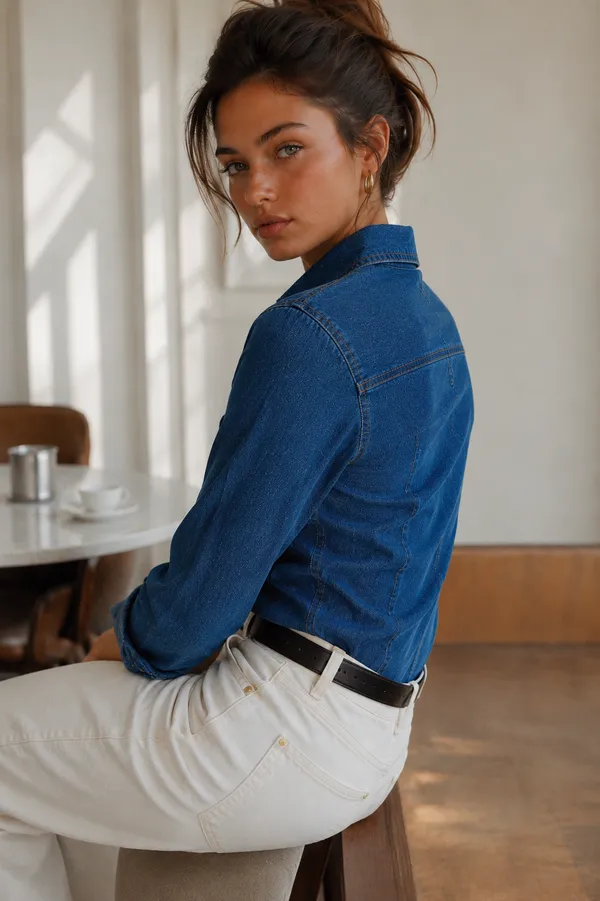 Blue_Denim_Relaxed_Bow_Embroidered_Button-Down_Shirt_For_Women