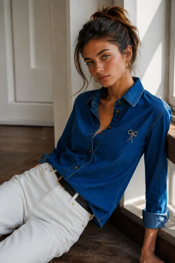Blue_Denim_Relaxed_Bow_Embroidered_Button-Down_Shirt_For_Women