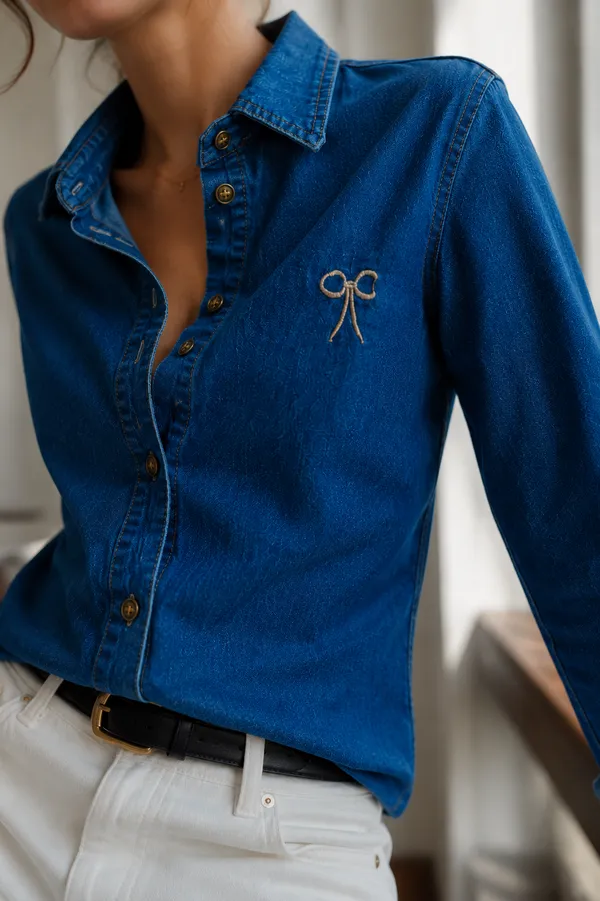 Blue_Denim_Relaxed_Bow_Embroidered_Button-Down_Shirt_For_Women