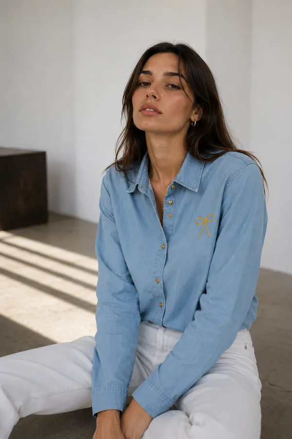 Light_Blue_Denim_Relaxed_Bow_Embroidered_Shirt_For_Women
