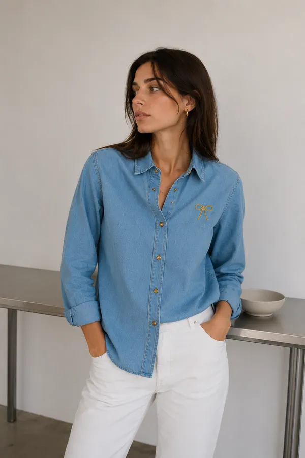 Light_Blue_Denim_Relaxed_Bow_Embroidered_Shirt_For_Women