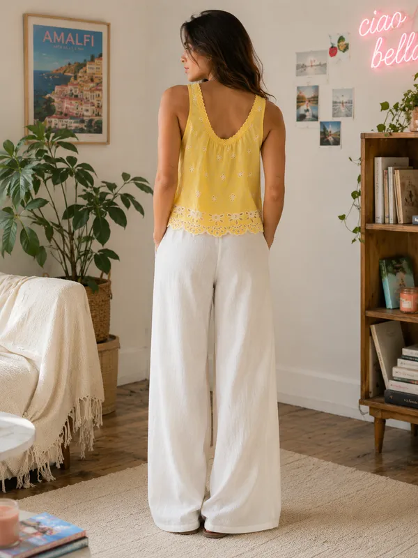 Yellow_And_White_Eyelet_Camisole_Wide_Leg_Co-Ord_Set_For_Women