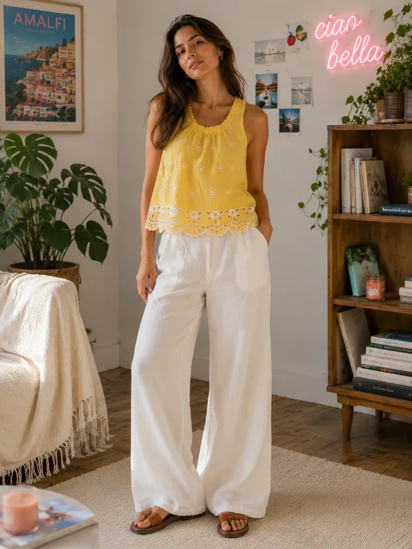 Yellow_And_White_Eyelet_Camisole_Wide_Leg_Co-Ord_Set_For_Women