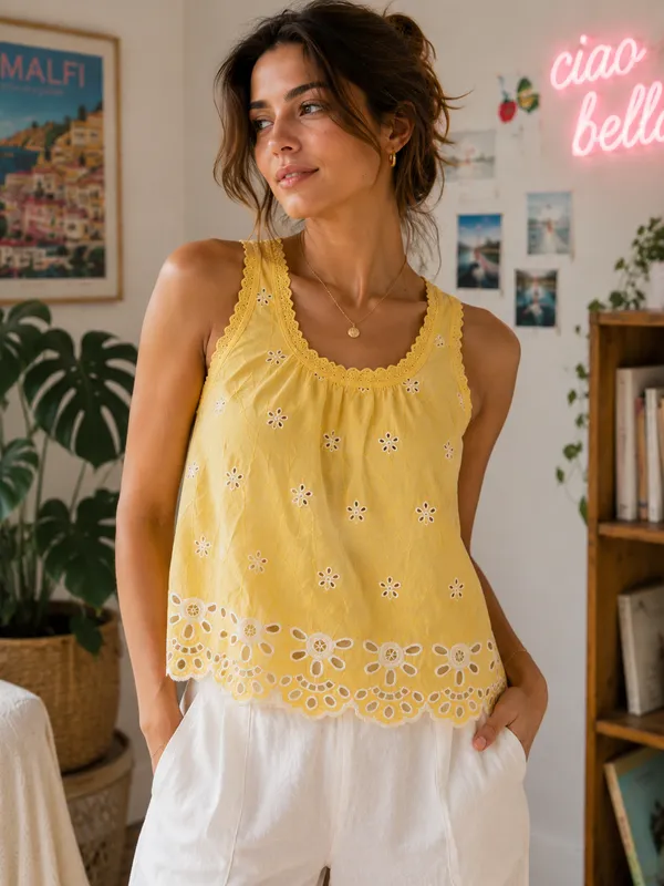 Yellow_And_White_Eyelet_Camisole_Wide_Leg_Co-Ord_Set_For_Women