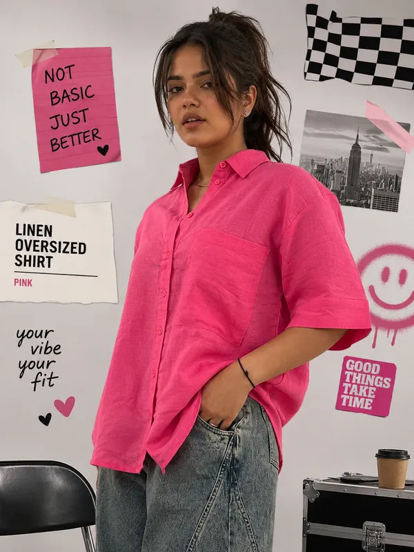 Pink_Linen_Blend_Oversized_Shirt_For_Women