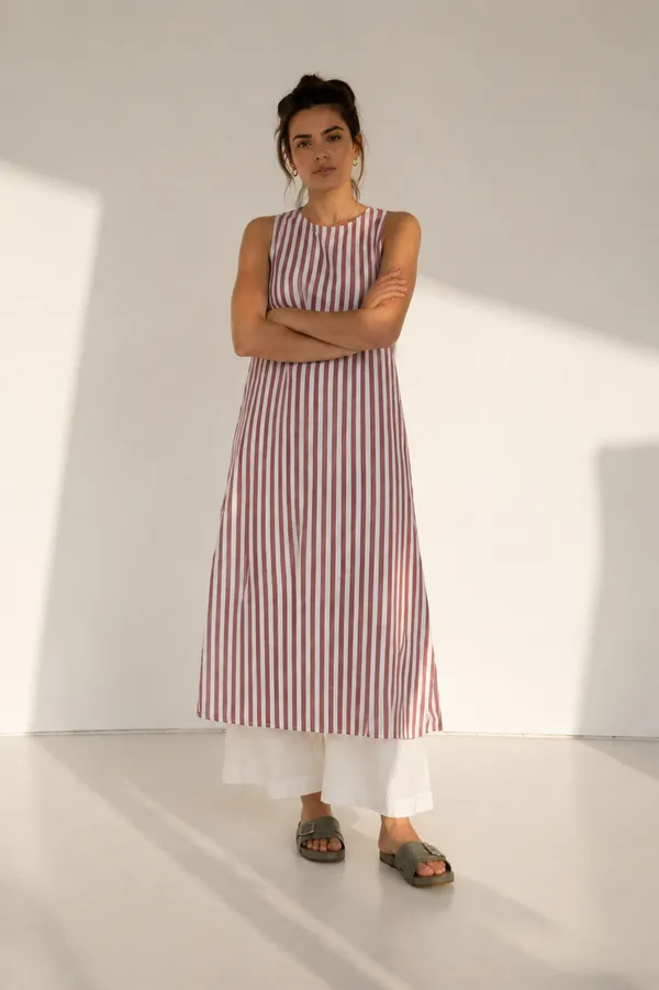 Pink_And_White_Cotton_Striped_A-Line_Dress_With_Linen_Pants_For_Women
