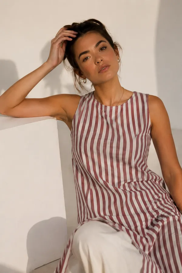 Pink_And_White_Cotton_Striped_A-Line_Dress_With_Linen_Pants_For_Women
