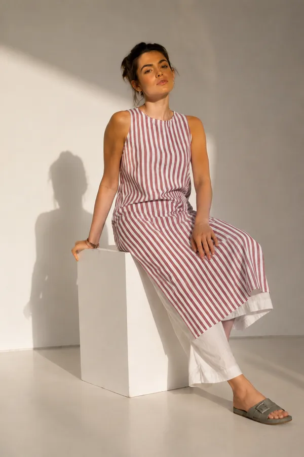 Pink_And_White_Cotton_Striped_A-Line_Dress_With_Linen_Pants_For_Women