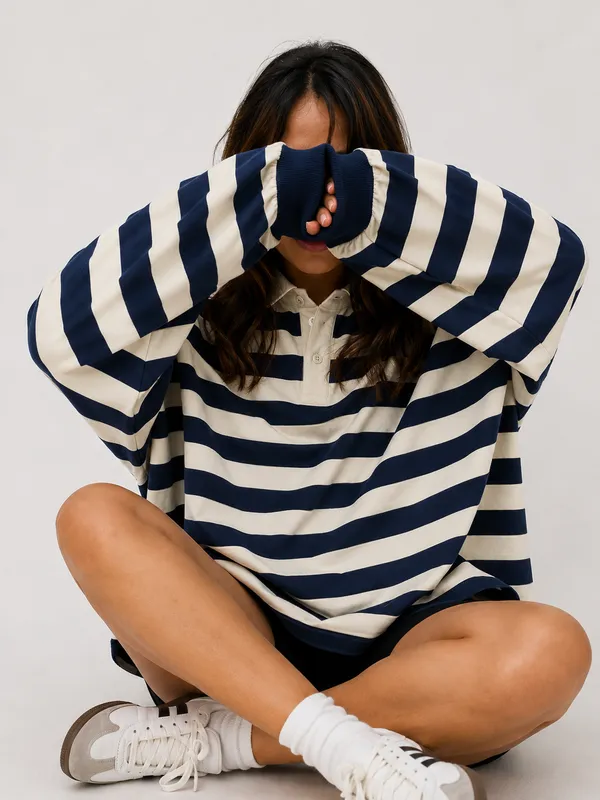 Navy_Cream_Cotton_Oversized_Striped_Rugby_T-Shirt_For_Women