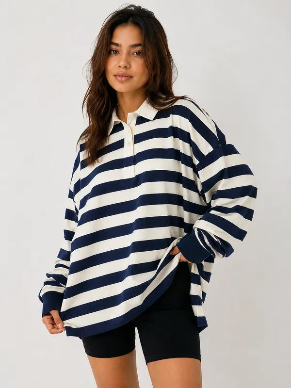 Navy_Cream_Cotton_Oversized_Striped_Rugby_T-Shirt_For_Women