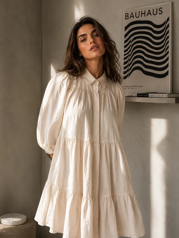 Ivory_Cotton_Linen_Relaxed_Tiered_Collared_Mini_Dress_For_Women