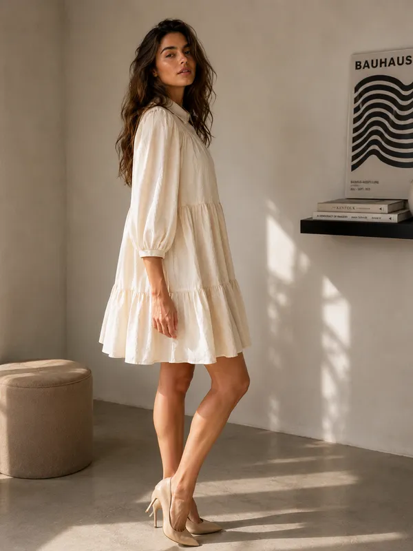 Ivory_Cotton_Linen_Relaxed_Tiered_Collared_Mini_Dress_For_Women