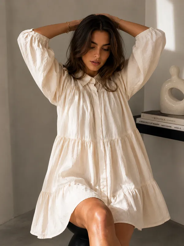 Ivory_Cotton_Linen_Relaxed_Tiered_Collared_Mini_Dress_For_Women