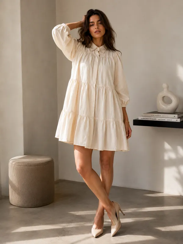 Ivory_Cotton_Linen_Relaxed_Tiered_Collared_Mini_Dress_For_Women