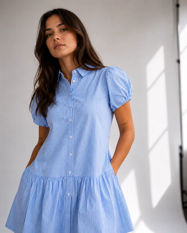 Blue_White_Cotton_Striped_Puff_Sleeve_Mini_Dress_For_Women