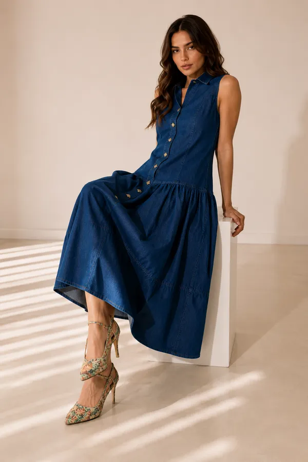 Blue_Denim_Tailored_Midi_Dress_For_Women