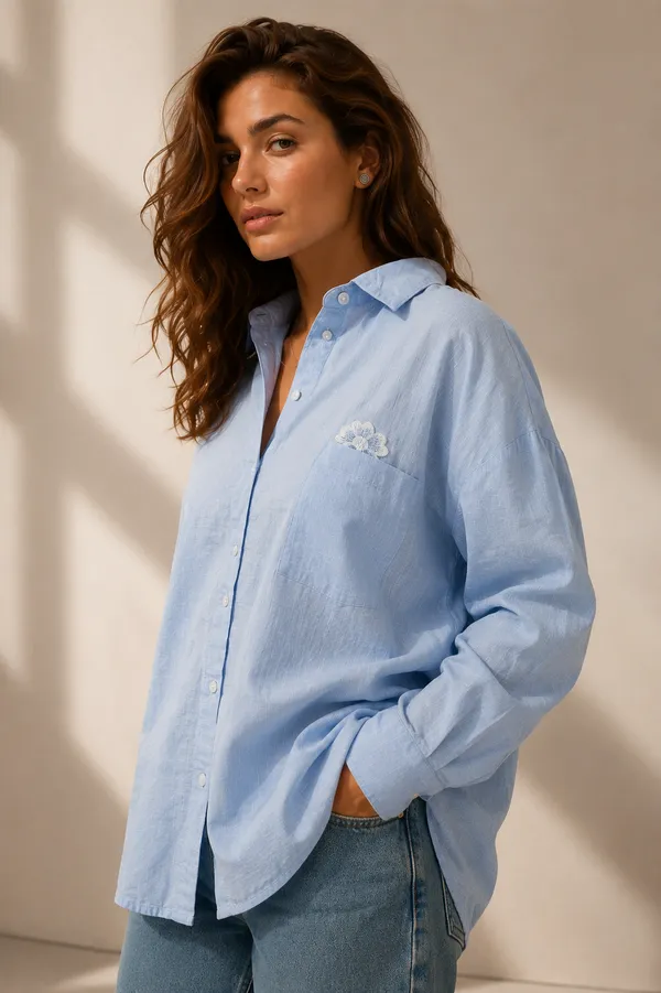 Blue_Linen_Oversized_Daisy_Embroidered_Shirt_For_Women