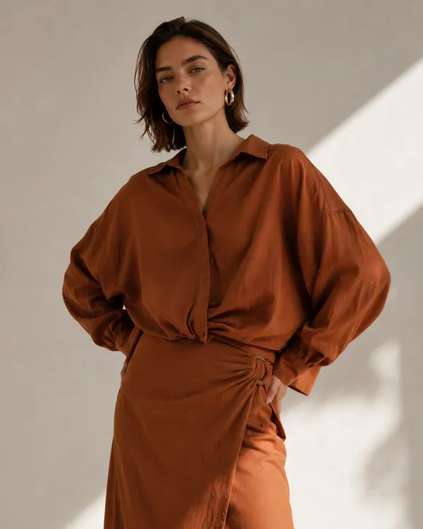 Brown_Linen_Blend_Oversized_Wrap_Drape_Shirt_For_Women