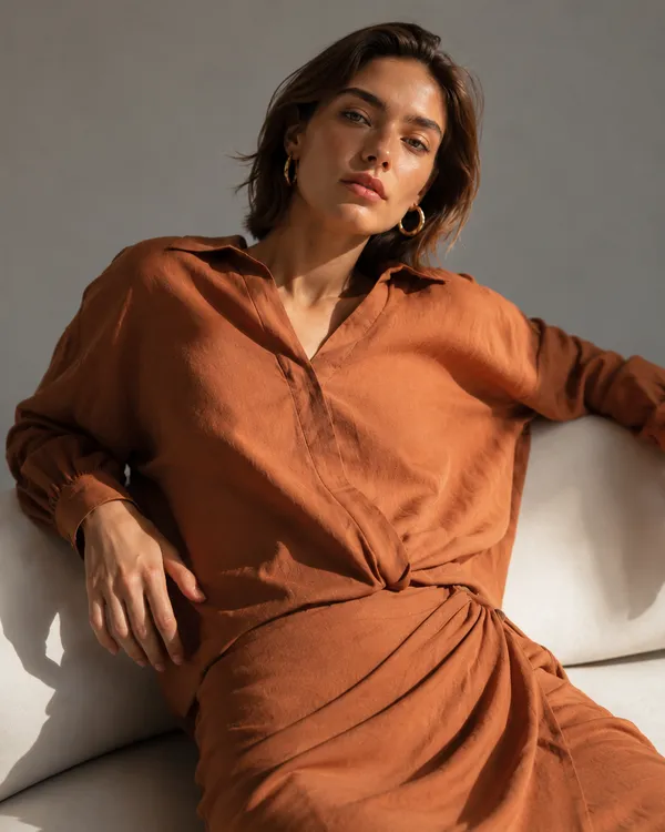 Brown_Linen_Blend_Oversized_Wrap_Drape_Shirt_For_Women