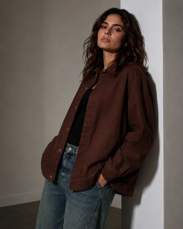 Brown_Cotton_Denim_Oversized_Embroidered_Shirt_For_Women