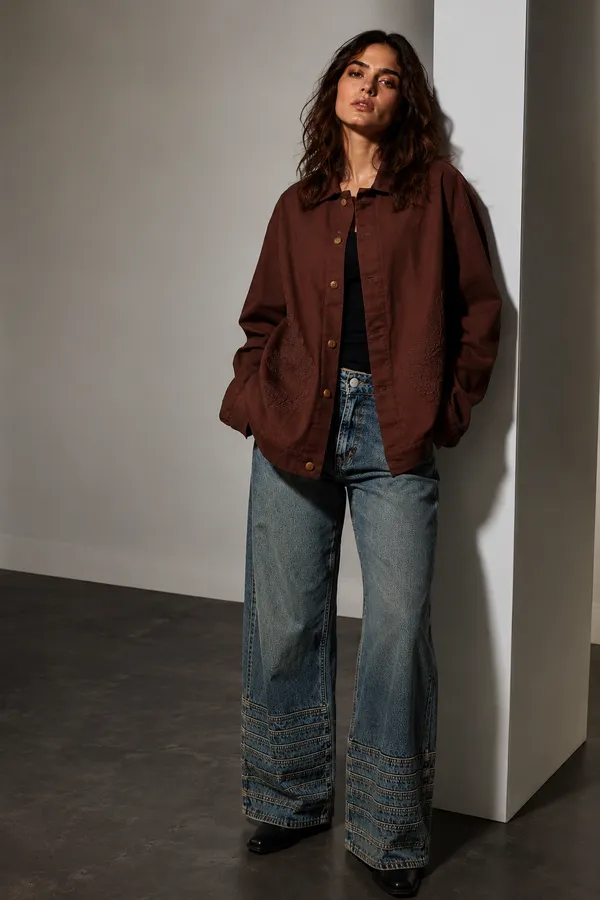 Brown_Cotton_Denim_Oversized_Embroidered_Shirt_For_Women