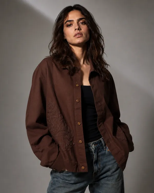 Brown_Cotton_Denim_Oversized_Embroidered_Shirt_For_Women