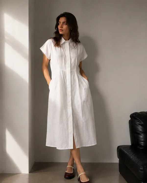 White_Linen_Relaxed_Midi_Shirt_Dress_For_Women