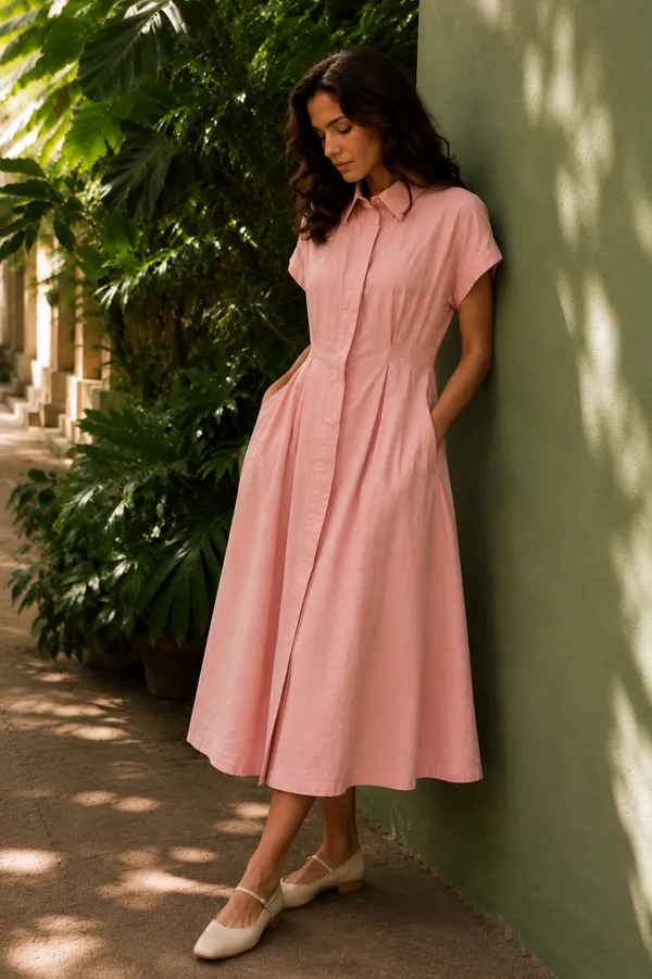 Pink_Linen_Relaxed_Midi_Shirt_Dress_For_Women