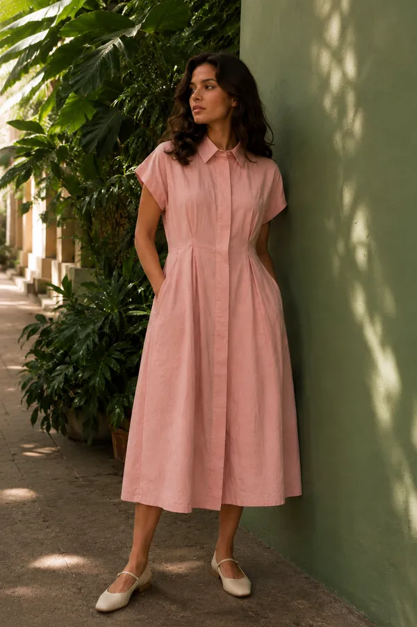 Pink_Linen_Relaxed_Midi_Shirt_Dress_For_Women