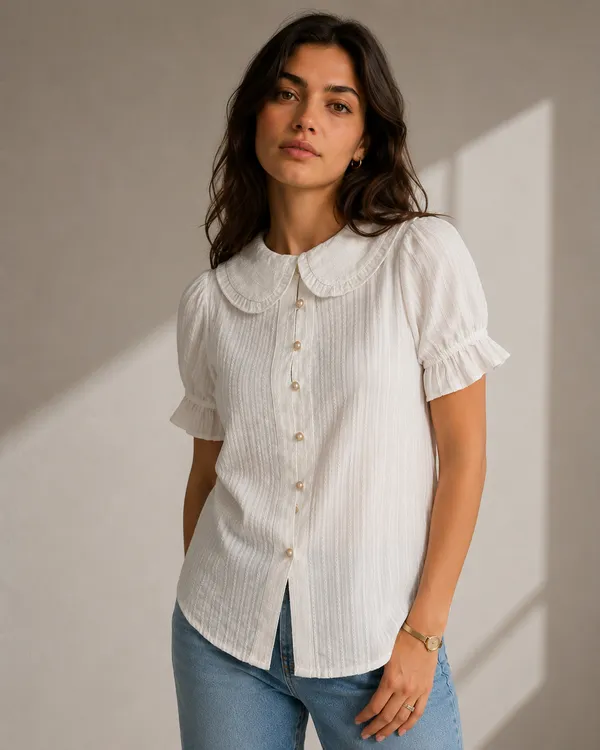 White_Cotton_Puff_Sleeve_Peter_Pan_Collar_Shirt_For_Women