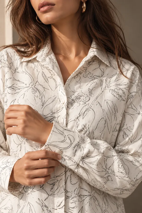 White_Cotton_Floral_Print_Oversized_Shirt_Co-Ord_Set_For_Women