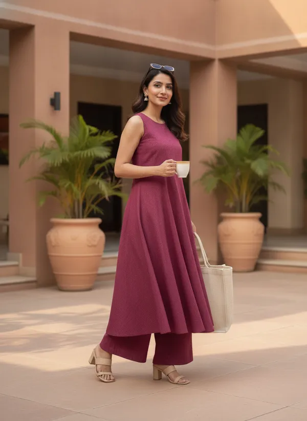 Maroon_Sleeveless_Flared_Kurta_Set_For_Women