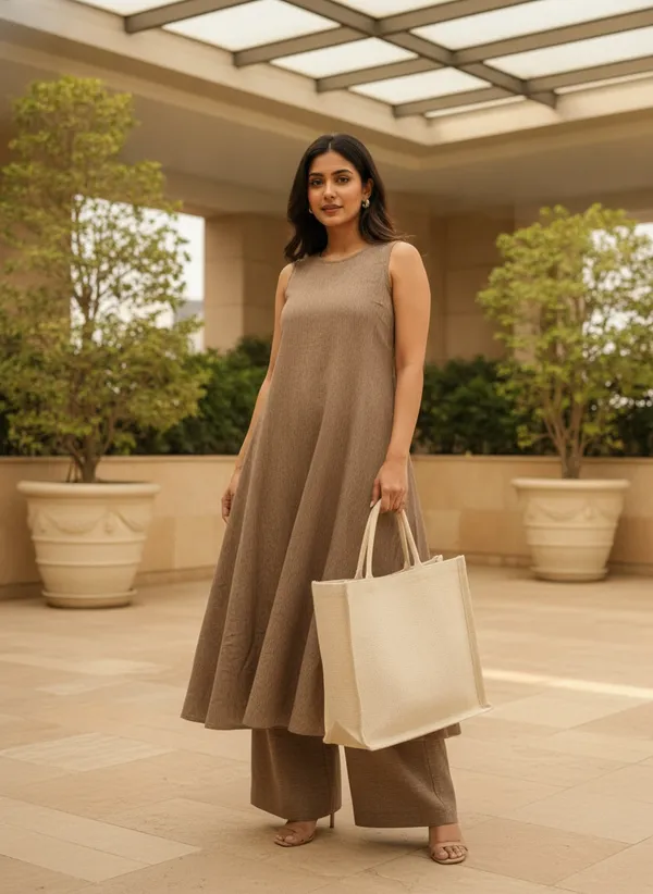 Brown_Textured_Flared_Kurta_Set_for_Women