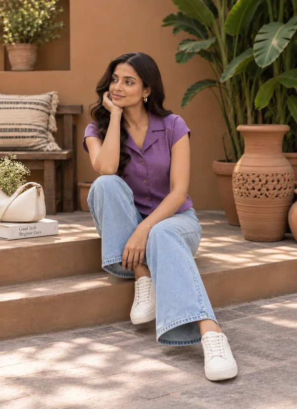 Purple_Textured_Short_Sleeve_Shirt_for_Women