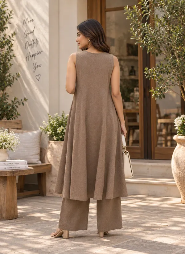 Brown_Textured_Sleeveless_Kurta_Set_for_Women