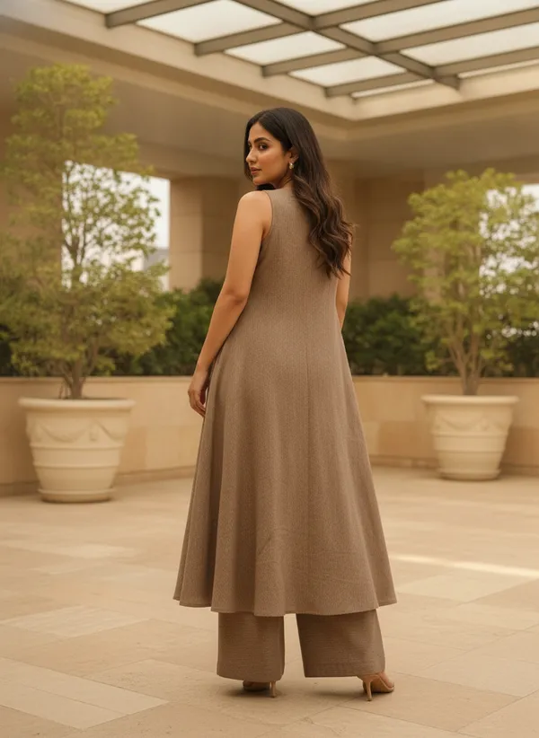 Brown_Textured_Flared_Kurta_Set_for_Women