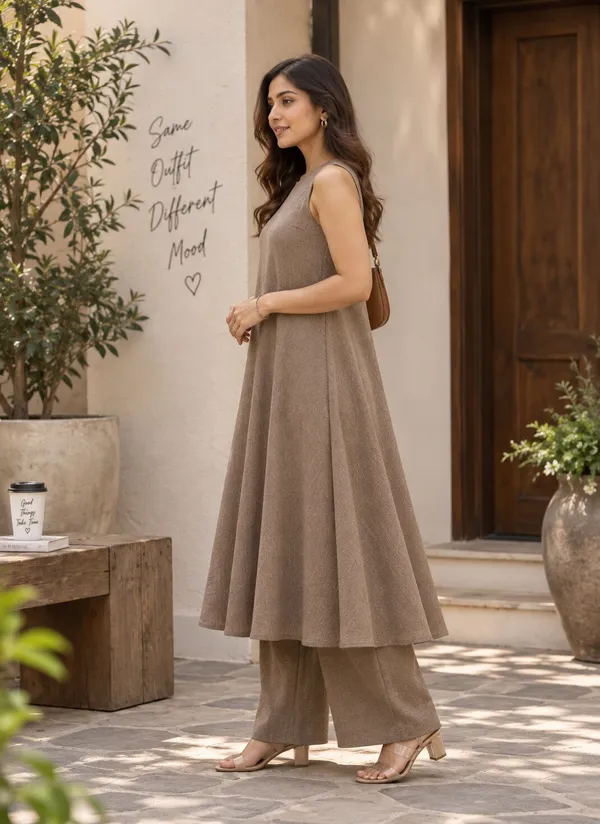 Brown_Textured_Sleeveless_Kurta_Set_for_Women